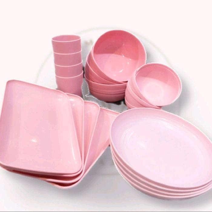 20pcs/set PIRING MANGKOK BASO SUP  GELAS PLASTIK WHEAT STRAW - PINK     Terlaris