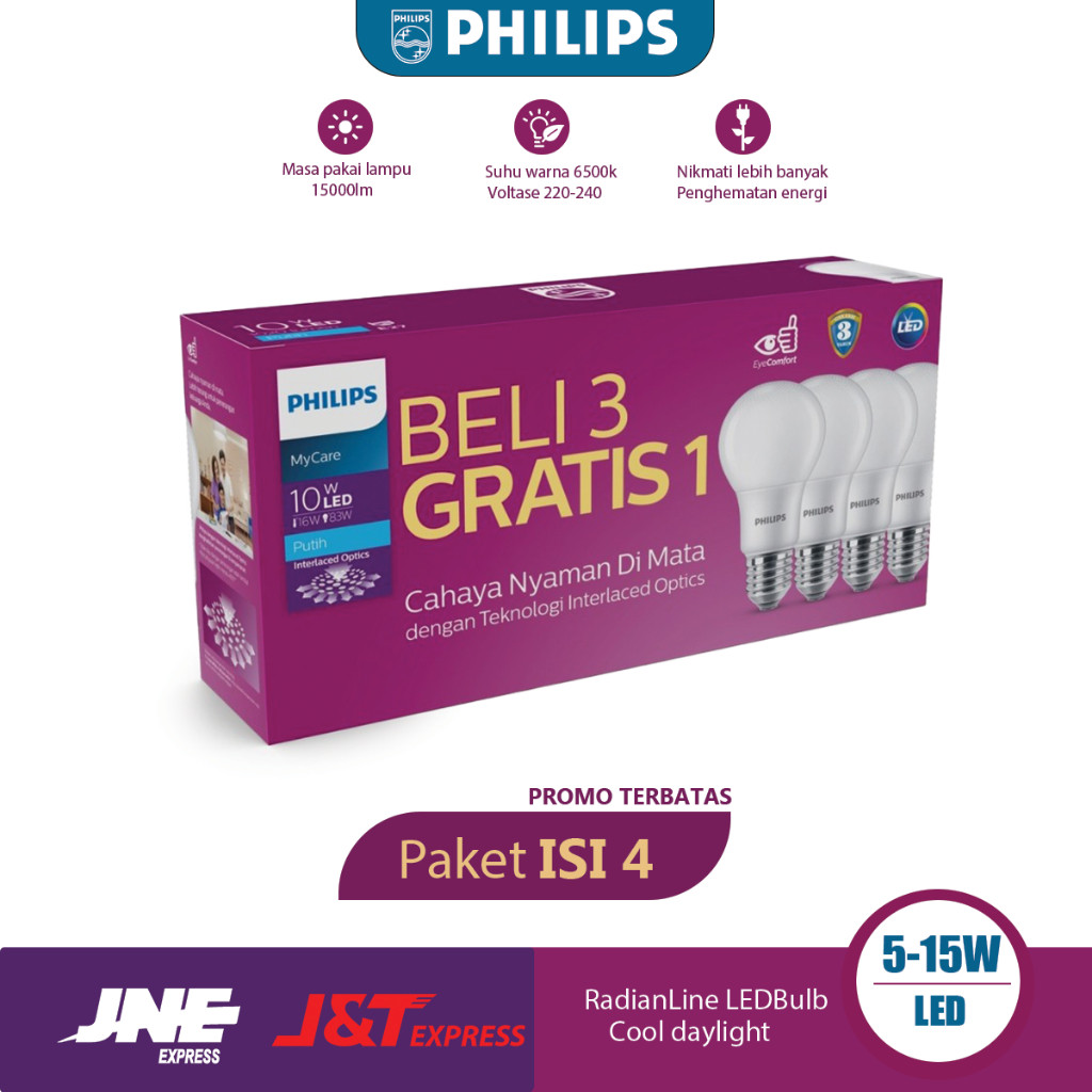 【Paket Isi 4】Lampu Philips Led 5w 6w 7w 8w 9w 10w 11w 12w  13w 14.5w 15 Watt Putih Bright  Bundling 