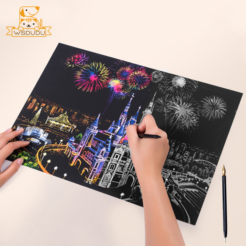 

2PCS Scratch Paper Magic Painting Kit Art Night Scene World Landmarks Animals Drawing Toys with Pen Crafts Card Game Adult Gifts
