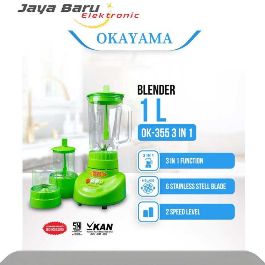 OKAYAMA 1 Liter Blender 3in1 Plastik Hijau SNI OK-355