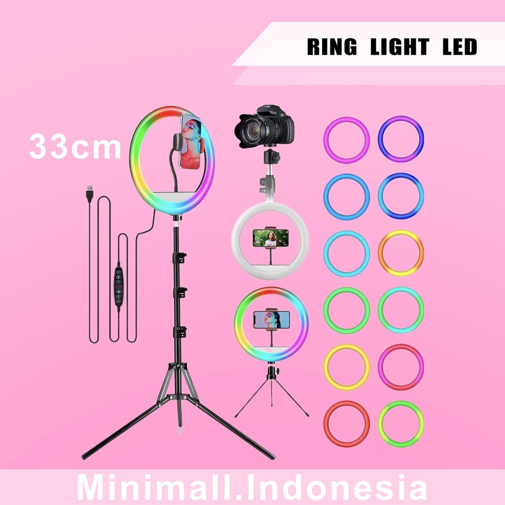 Ring Light RGB RAINBOW LED 33cm  + Tripod 2.1M Make Up Lampu Ringlight Tripod