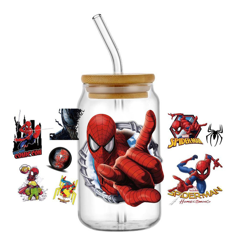 

Miniso Spider Hero UV DTF Sticker For 16oz Glass Cup Can Wrap Transfer Decal Sticker Custom Labels DIY Logo Party Gift