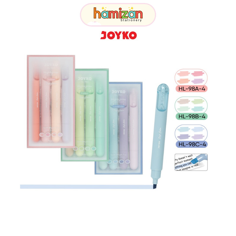 

( 1 set = 4 pcs ) HL-98A Joyko Highlighter Soft Brush Tip Sunset / Penanda Berwarna HL-98B Forest / Penanda Ujung Tip Lembut HL-98C Lavender Murah Berkualitas
