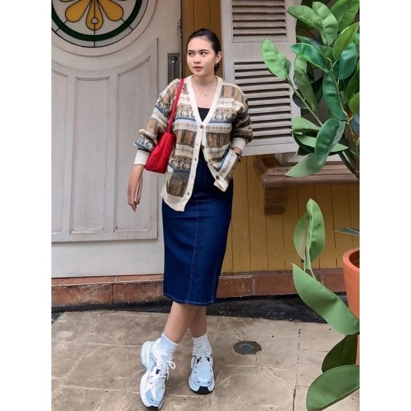 Rok Jeans 7/8 Wanita Highwaist A-Line Denim Skirt