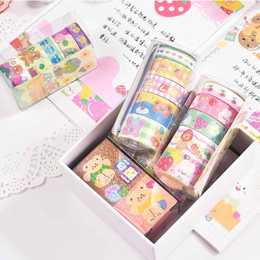 

Kawaii Washi Tape 5Rolls Korean Stationery Material Escolar Papeterie Cute Stickers Masking Tape Scrapbook Adhesiva Washitape