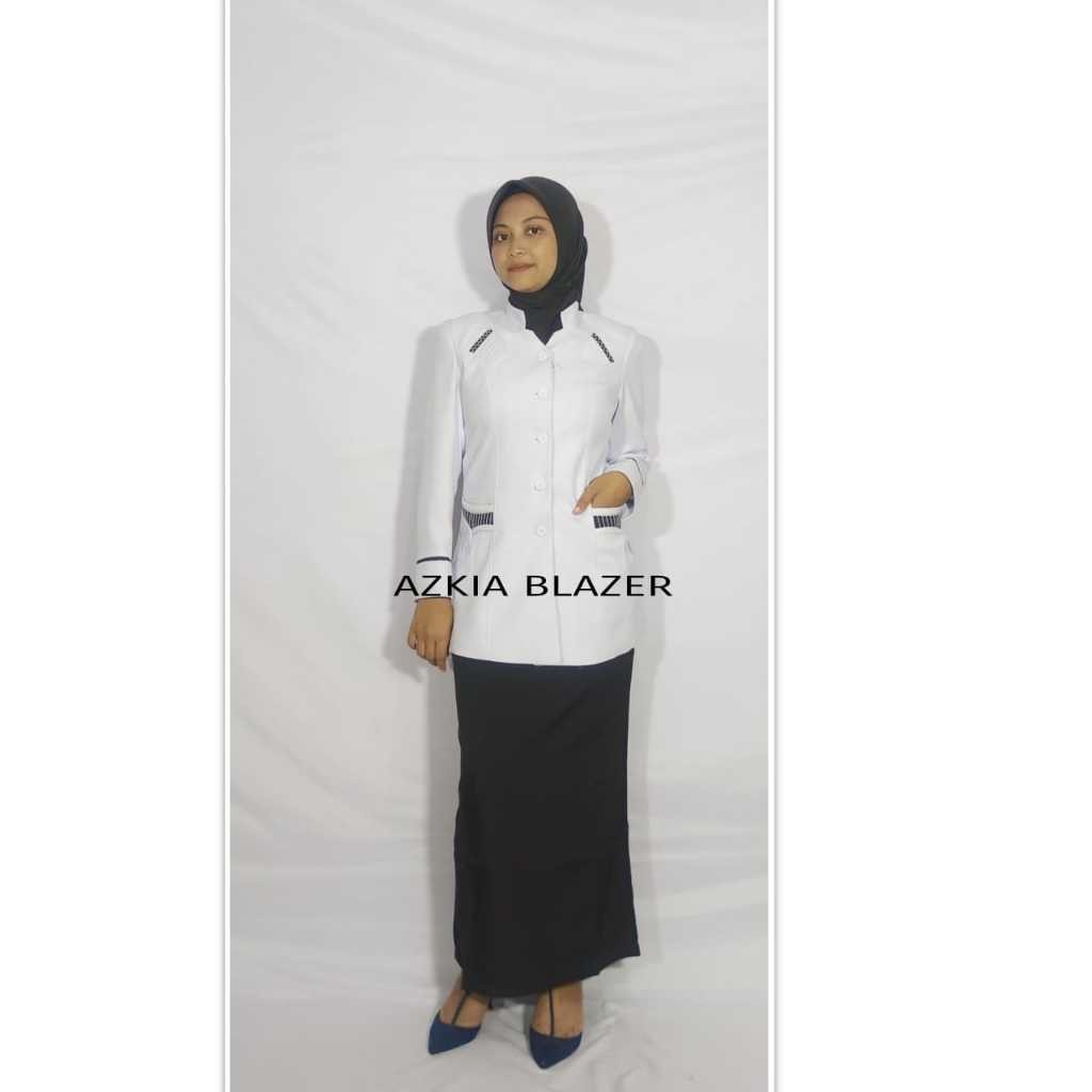 DHOLISHOP.ID Azkia Blazer Wanita Baju Kerja Wanita Putih List Hitam Terbaru Polyester Premium Stretc