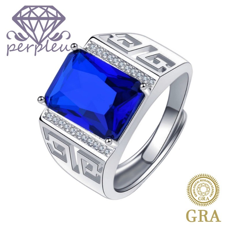 Sertifikat GRA Gratis Cincin Pria Bisnis Safir Biru Potongan Asscher Perak 925