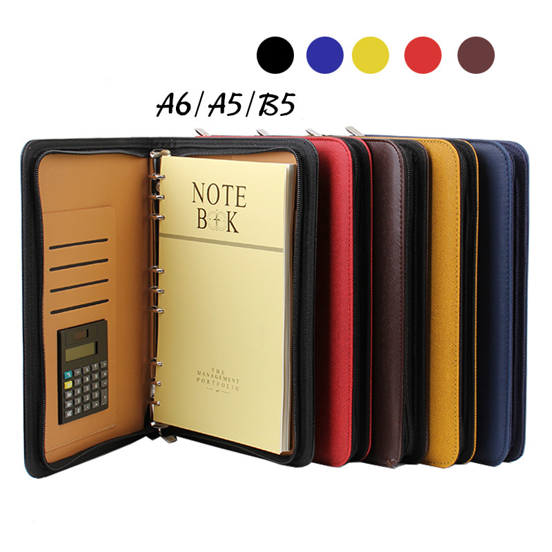 

B5 A5 A6 Soft Hardcover Zipper Leather Notebook Cover With Calculator Manager Portfolio Book Case