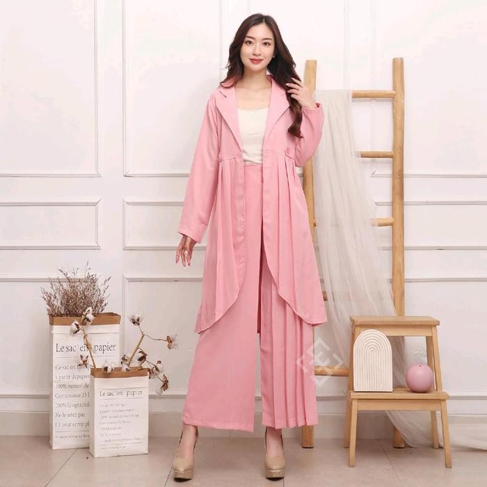 Set Long Blazer Celana Kulot Setelan Panjang - BabyPink
