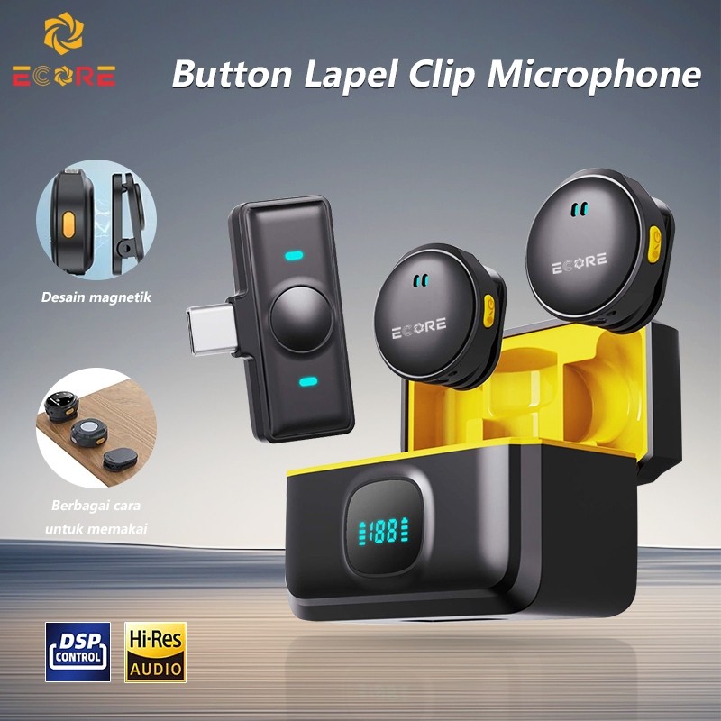 ECORE A30 MIC Wireless Clip on Mic Microphone Dual Mikrofon| Plug & Play, untuk TikTok, YouTube & Li
