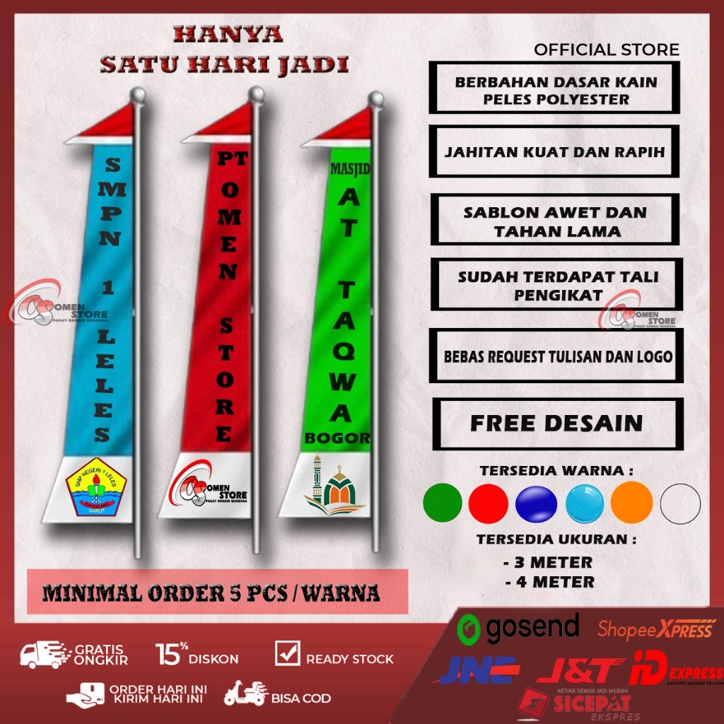 BEST SELLER BENDERA UMBUL UMBUL 3/4/5 Meter CUSTOM 1 HARI PENGERJAAN DESAIN LOGO DAN WARNA BISA REQU