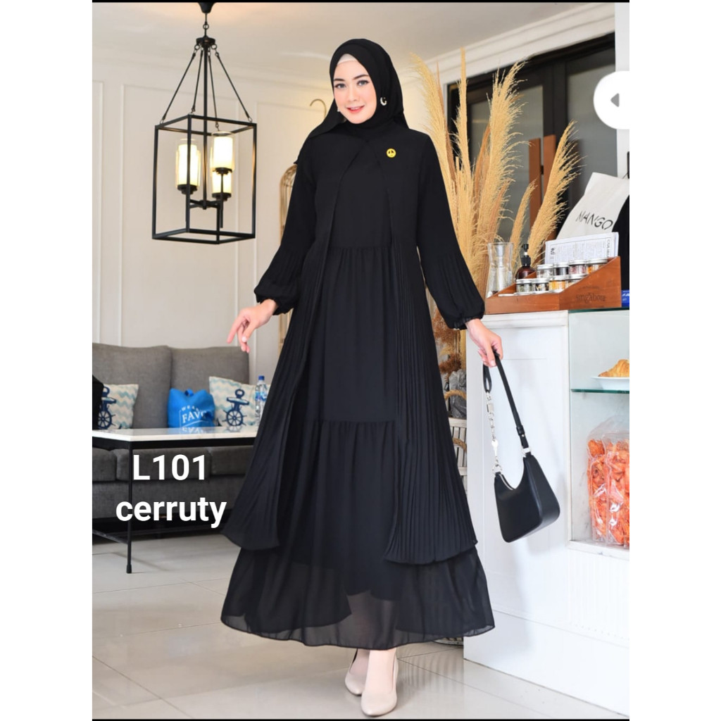 Ladies - Gamis Plisket Wanita Terbaru Hitam Putih Gamis Ceruty Gamis Polos Dress Wanita Shimmer Ceru