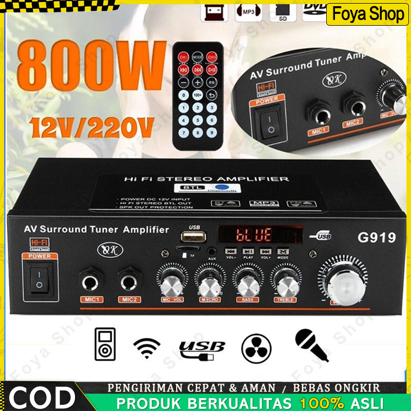 800W G919 Mini Amplifier 12V/220V FM SD HiFi bluetooth 5.0 Stereo Audio Player Power Amplifier 2 Cha