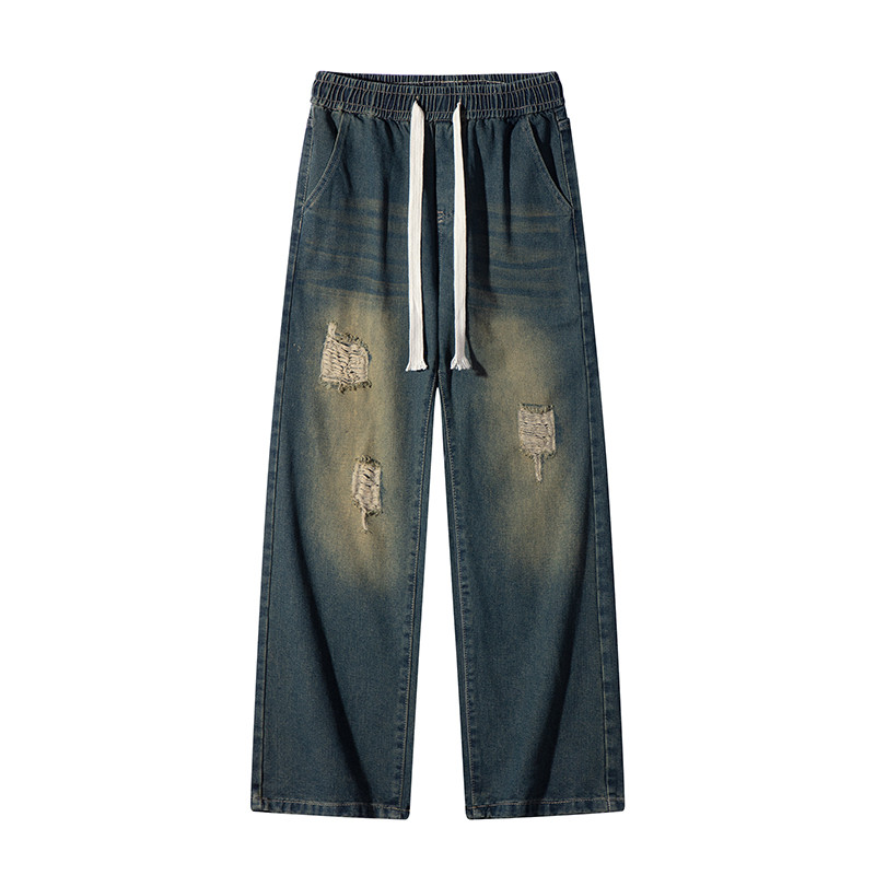 DISAI Celana Jeans Ripped Pria Celana Baggy Jeans Gombrong Denim Robek Sobek Cowok Versi Pants