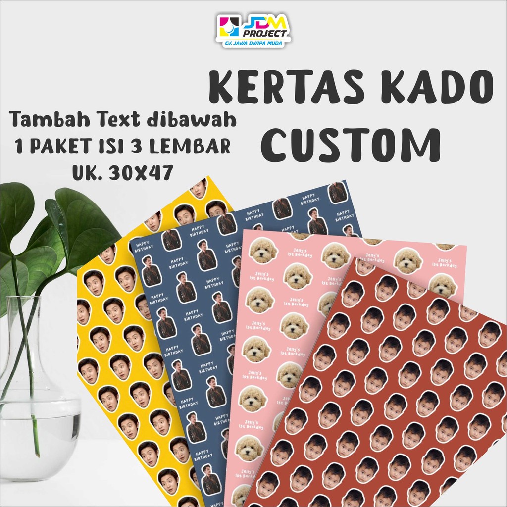 

JDM Project - KERTAS KADO CUSTOM TAMBAH TULISAN (3 lembar A3+) pakai foto sendiri/idol | cetak wrapping gift paper