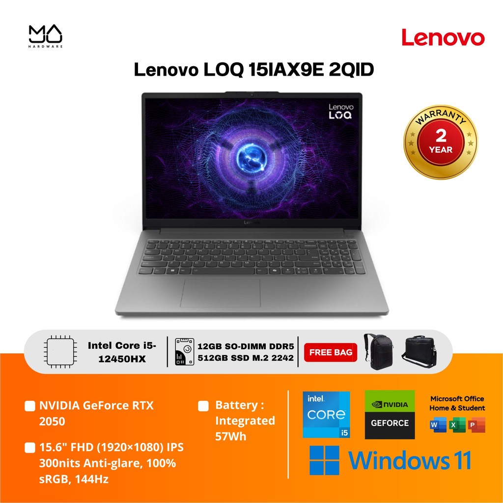 Laptop Lenovo LOQ 15IAX9E i5-12450HX 12GB SSD 512GB RTX2050 - Garansi 2 Tahun