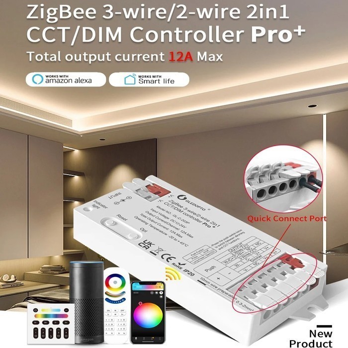 GLEOPTO GL-C-203P 3-Wire / 2-Wire 2 ini 1 Zigbee +2.4G RF + Push Switch CCT / DIM LED Strip Controll