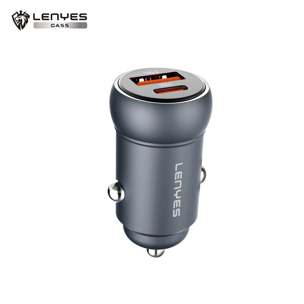 Adaptor Saver Mobil LENYES CA55 PD30W Mini Car Charger Fast Charging QC3.0 Dual Port Type C + USB Untuk HP