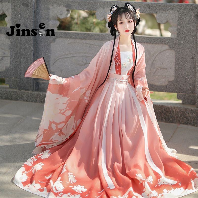 [JinSen]Hanqingge Rok Bawahan Sebatas Pinggang Buatan Tang Asli Setelan Hanfu Pakaian Sehari-hari Wa