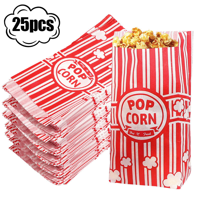 

25Pcs Paper Popcorn Bags Goodie Packaging Bag Carnival Snack Treats Container Bucket Wedding Birthday Party Movie Night Supplies