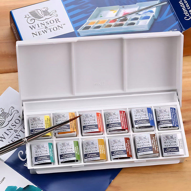 

Wor&Newton Cotman Portable Travel 12 Color Solid Watercolor Paint Sketch Half Pan Palette Watercolor Brushes Art Supplies