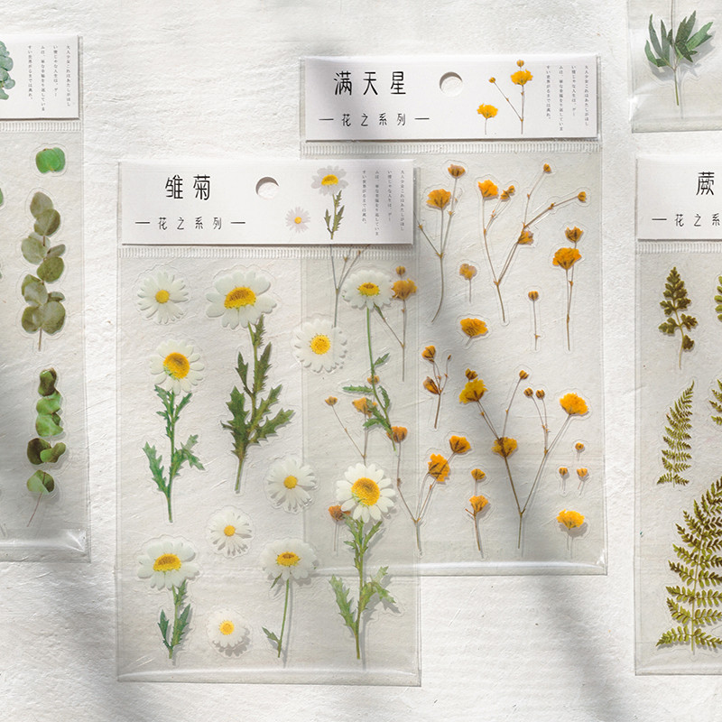 

12 Designs Natural Daisy Clover Japanese Words Stickers Transparent PET Material Flowers Leaves Plants Deco Stickers