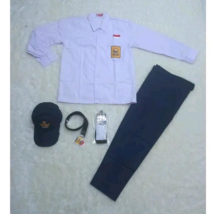 PAKET LENGKAP SERAGAM SMP ANAK LAKI LAKI PANJANG Baju Bordir Celana Kemeja Set Setelan - TOPI BIRU P