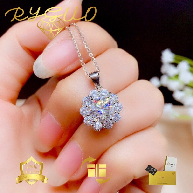 RYGUO 2 Karat PT950 Kalung Gantung Wanita Moissanite Berlian Penuh