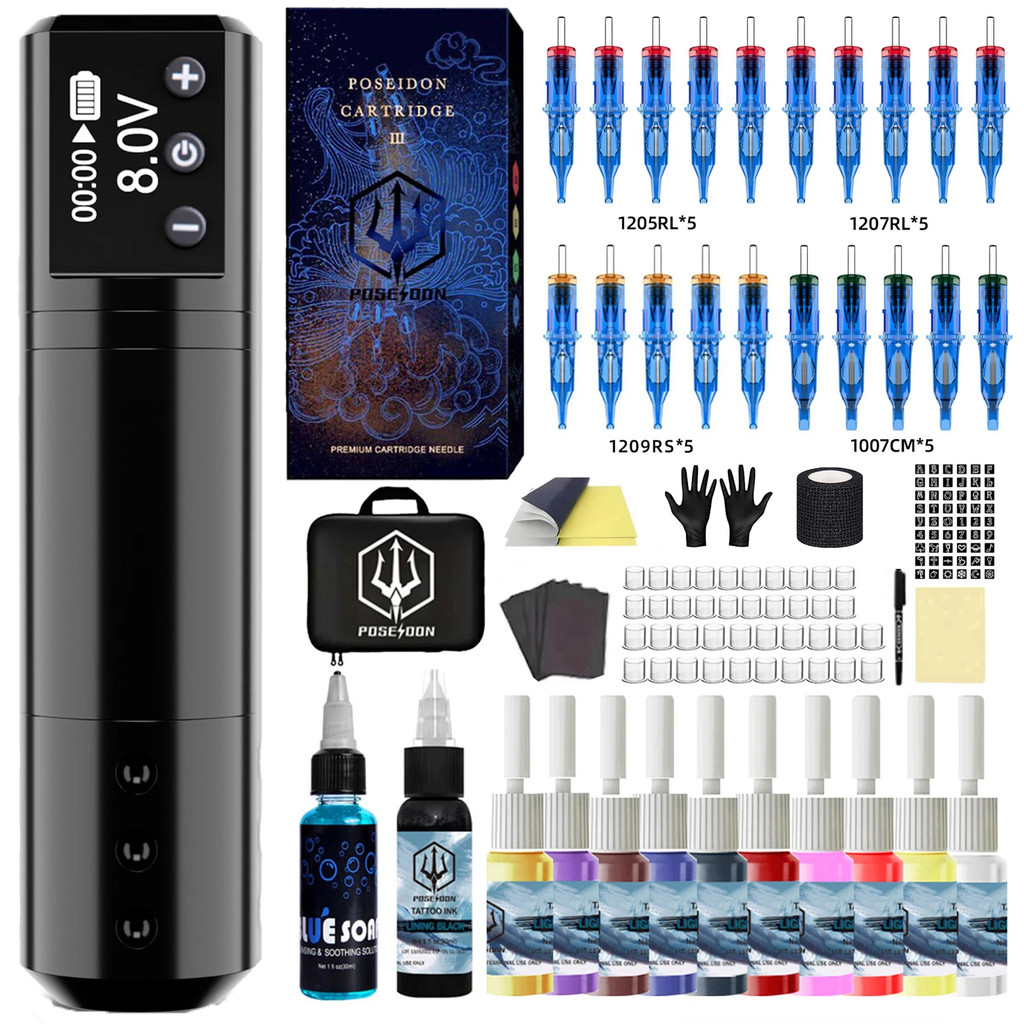 POSEIDON Tattoo Pen Kit Rotary Wireless Tattoo Machine Kit Coreless Motor High Quality Tattoo Gun Ki