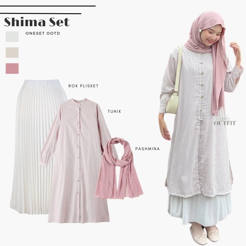 Outfit Wanita Hijab Kekinian ( Long Tunik + Rok Plisket + Pashmina ) One set OOTD Lebaran - Shima