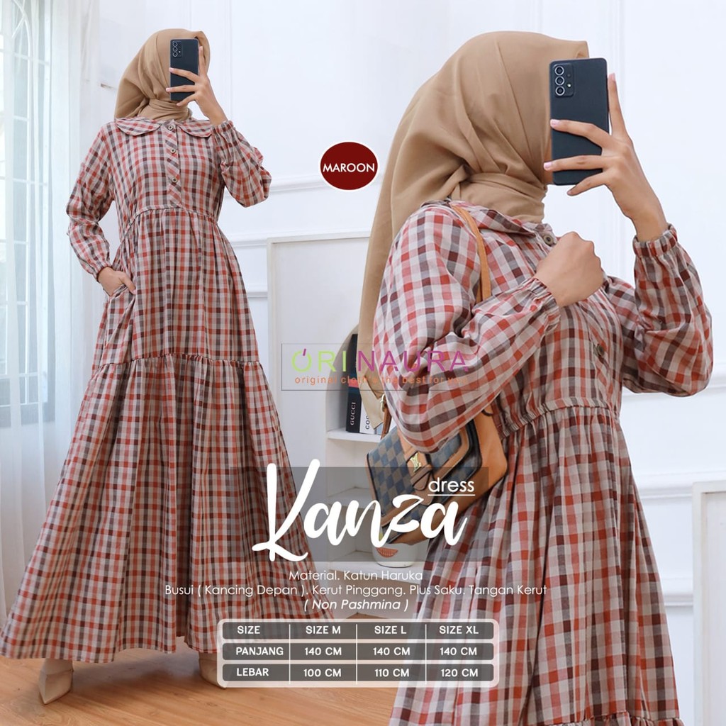 Kanza Dress Wanita Orinaura Gamis Motif Kotak-Kotak Katun Haruka