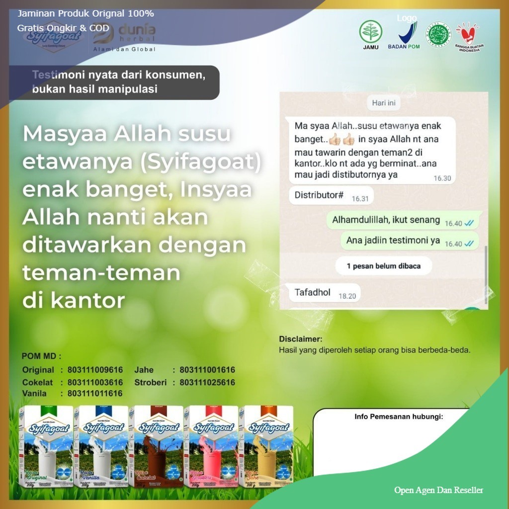 

Susu syifagoat Kalsium Tinggi Solusi Sendi, Tulang, Dan Gigi 100% Ori Tangsel Herbal Hernidin