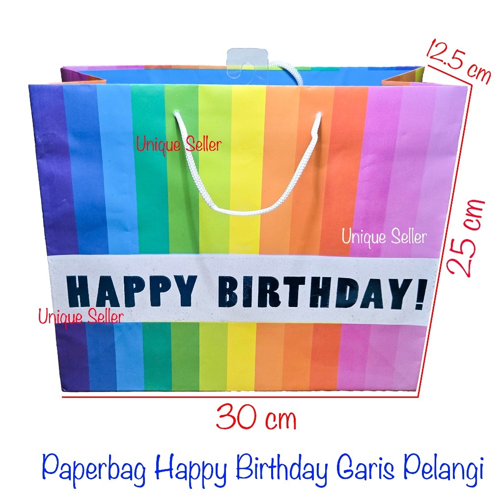 

Paper Bag Goodie Hand Bag Tas Kertas Kado Souvenir Hadiah Acara Ulang Tahun Ultah Garis Pelangi Glitter 30x12.5x25 cm / Tas Hadiah Kado Souvenir Acara Ulang Tahun Ultah Happy Birthday Garis Pelangi Glitter / Tas Kertas Tali Paper Bag Tali Glitter