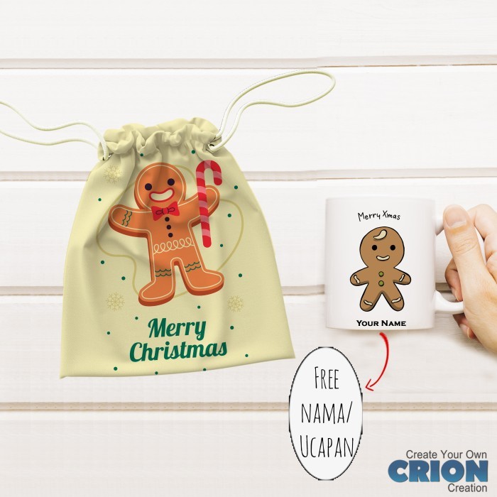 

[Best Seller] Mug Hampers Natal Pouch serut Full Print santa snowman ginger by crion - Gingerbread Man