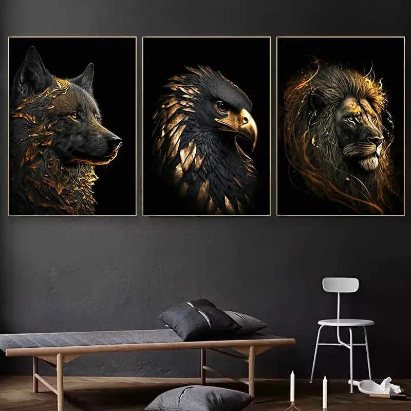 

3pcs/set Modern Poster Golden Wolf Gold Eagle Lion Wall Art Canvas Painting Art for Living Room Bedroom Decor Housewarming Gift