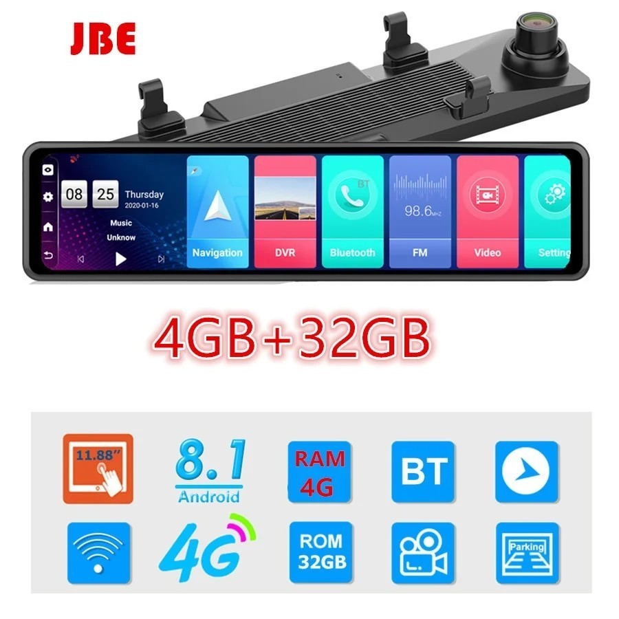 4GB+32GB Car DVR Camera 4G Android 8.1 Stream RearView Mirror 12inch 1080P Drive Video Auto Recorder