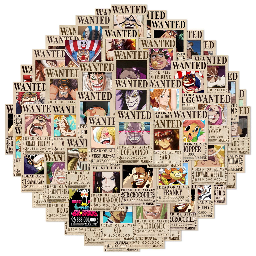 50PCS Anime One Piece Wanted Posters Stickers Cool Graffiti Decals DIY Phone Suitcase Laptop Fridge 