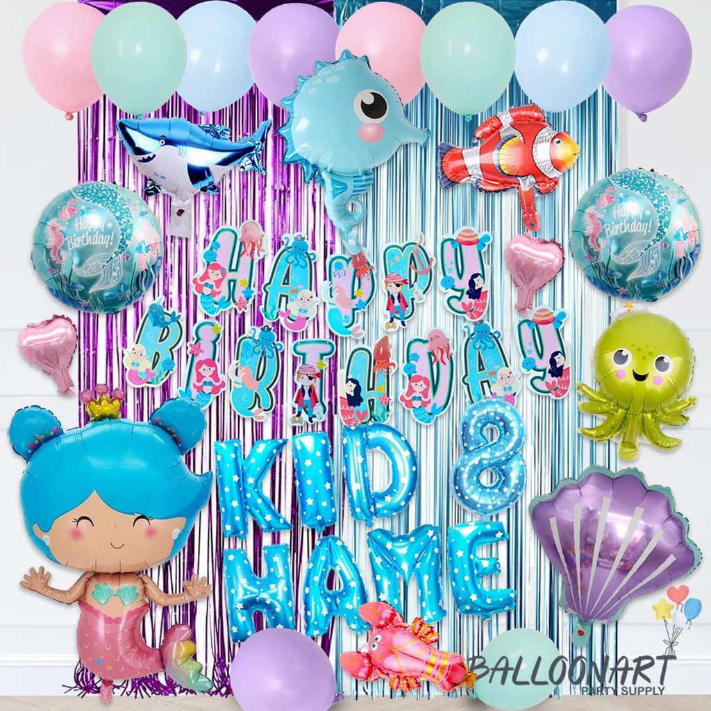 MERMAID SIMPLE DECORATION SET/HBD SET/DEKORASI ULTAH PUTRI DUYUNG/HAPPY BIRTHDAY