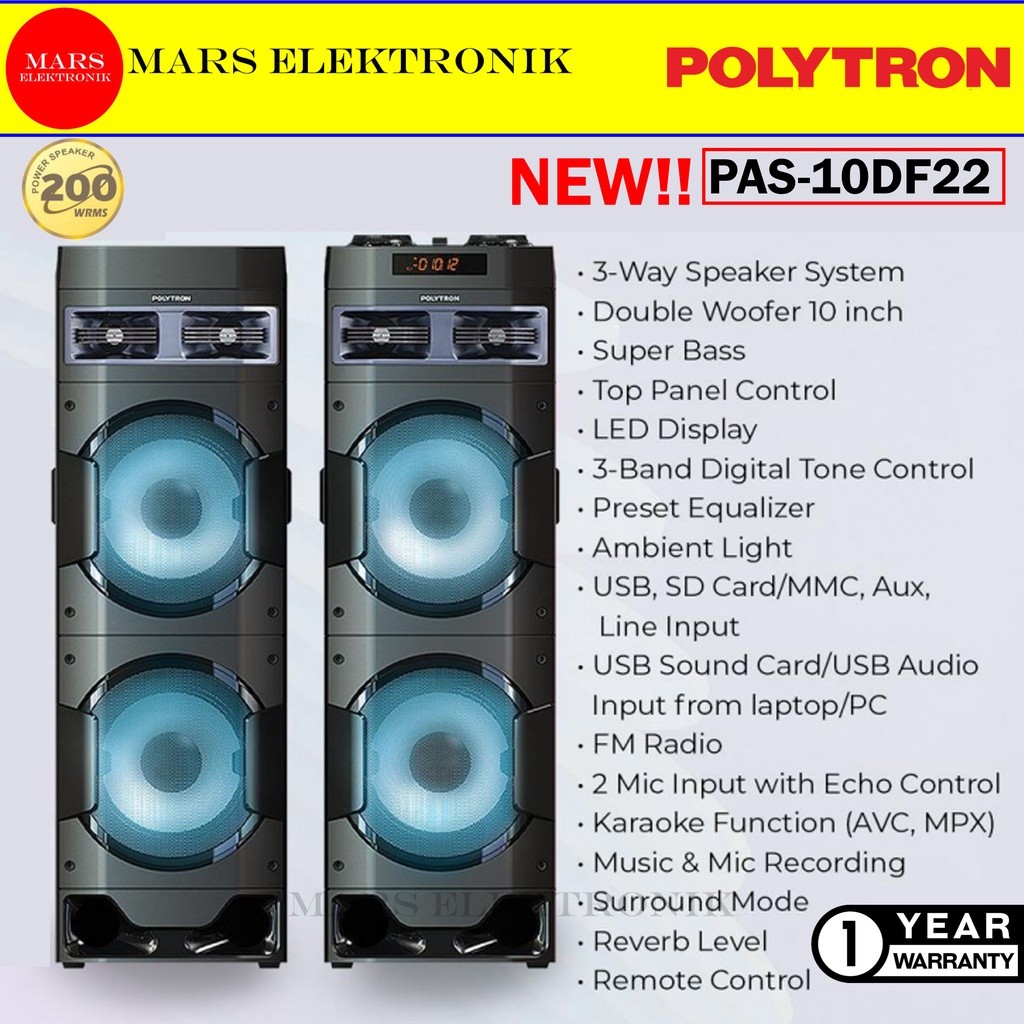 SPEAKER ACTIVE POLYTRON PAS-10DF22 / PAS 10D22 - SUPER BASS - 3-Band Digital Tone Control - BLUETOOT