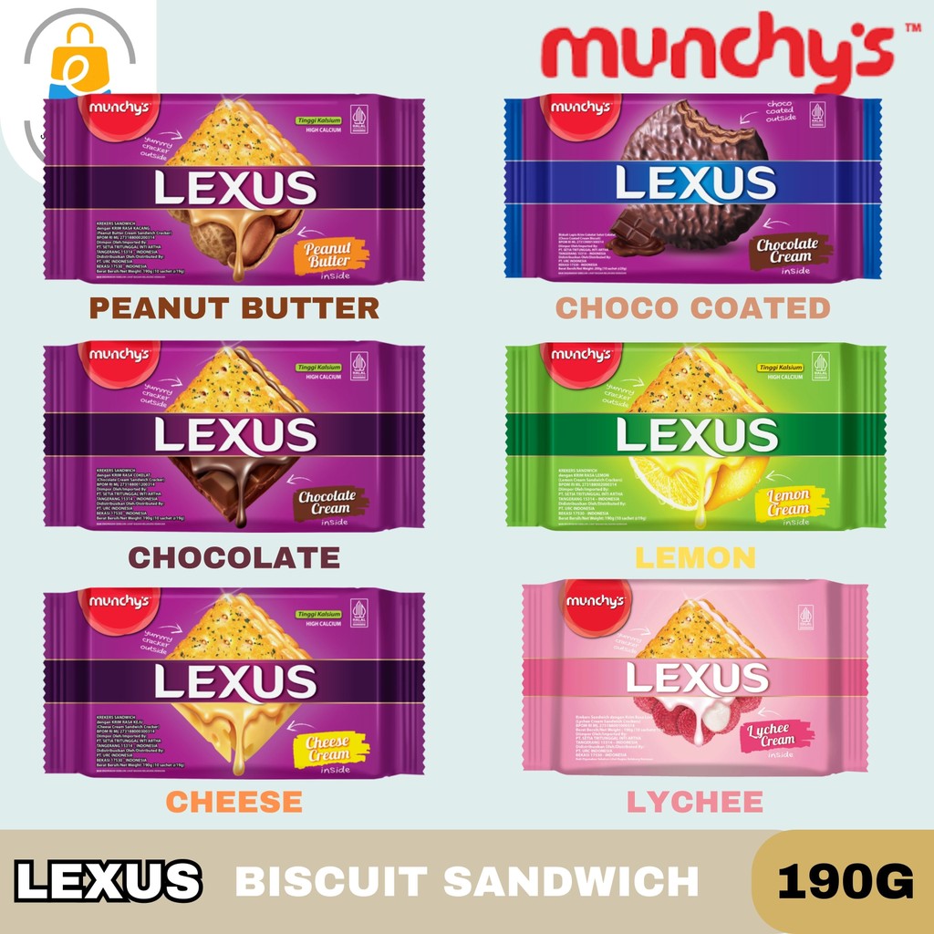 

Lexus sandwich / Cracker / Kue / Kraker / Rasa Cream Chocolate / Cheese / Lemon / Lychee / Choco Coated Munchy's Kemasan 190g