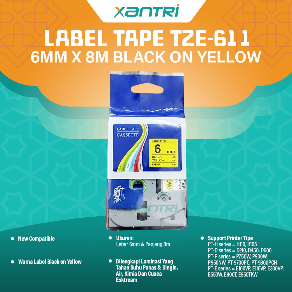 

Xantri - Label Tape Laminated Xantri TZE-611 6mm X 8m Black On Yellow