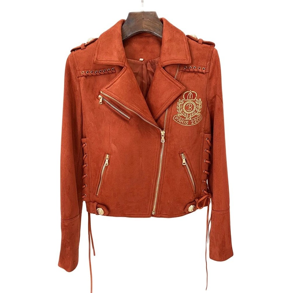HIGH STREET Newest 2024 F/W Designer Jacket Women's Rope Lacing Up Logo Beaded Synthetic Suede Leath