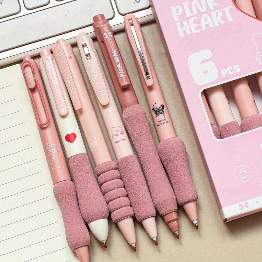 

6pcs/set 0.5mm Retractable Gel Pen, Kawaii Stationary, Cute Pens, Black Gel Pens, Aesthetic Pens, School Supplies