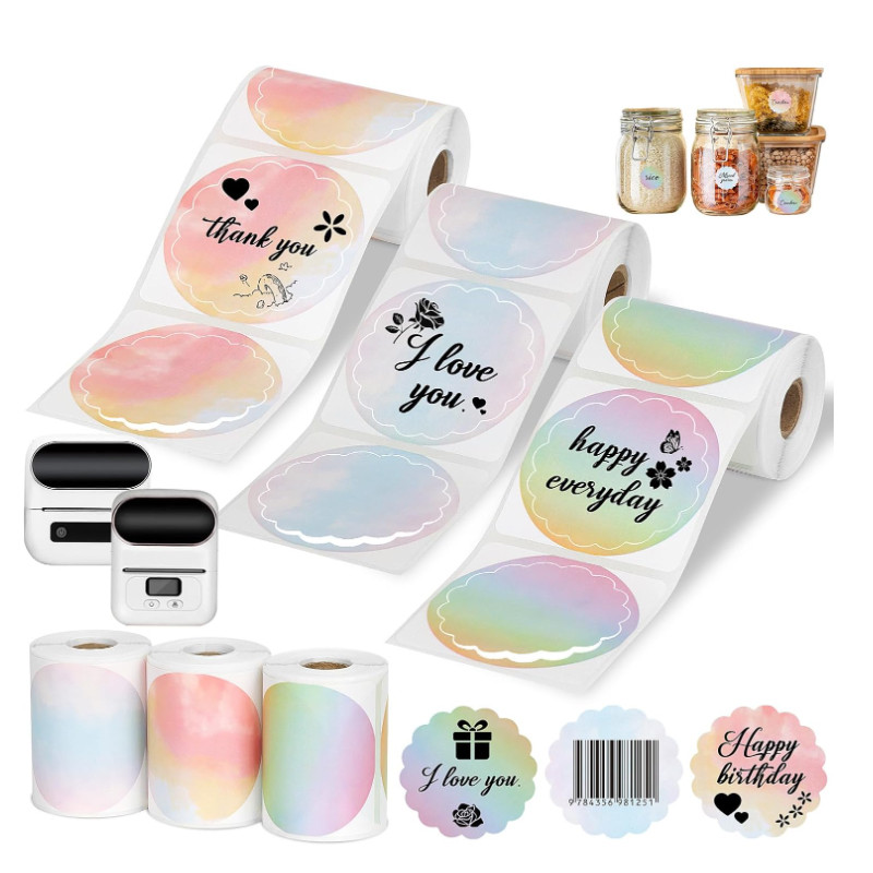 

M110 M220 New Launch Rainbow Favorable adhesive paper Waterproof Tear resistant floral round type Thermal label stickers