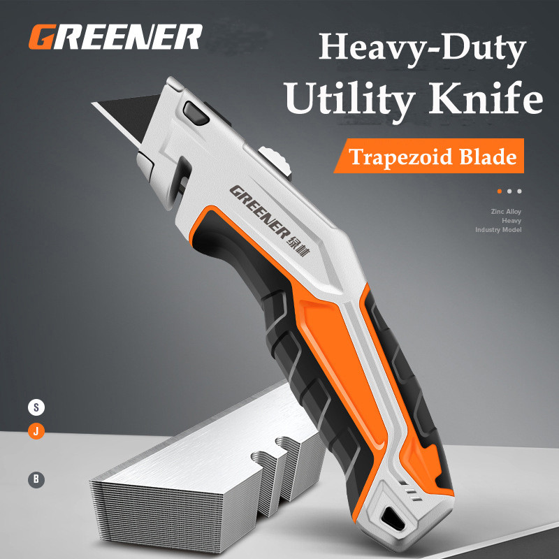 

GREENER Heavy Duty Multi-Purpose Metal Folding Utility Knife, Retractable Black SK2 Black Blade Hard Durable Box Cutter Opener
