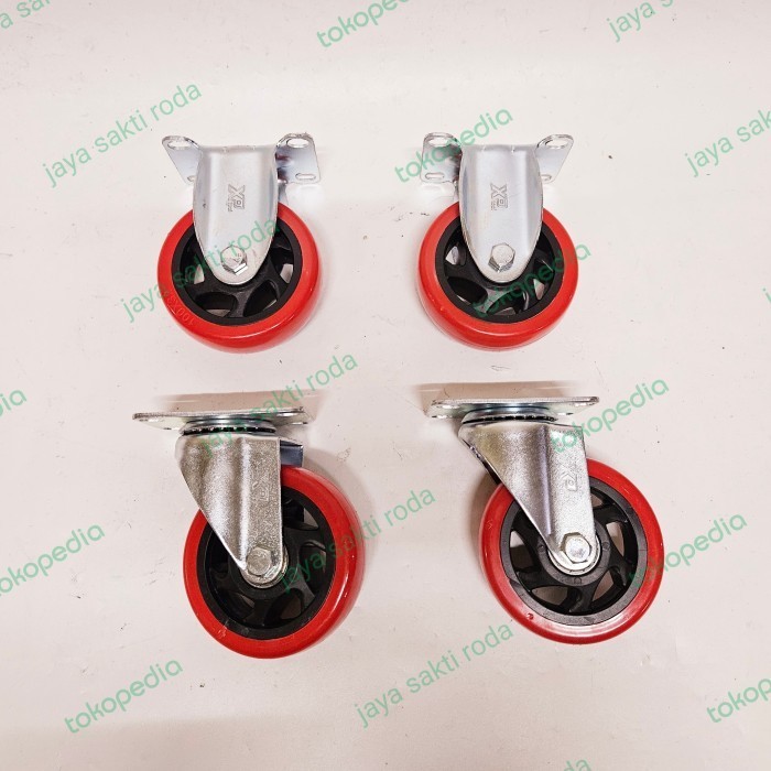 PPC Roda troli 4 inch pu merah 2putar 2mati xptool