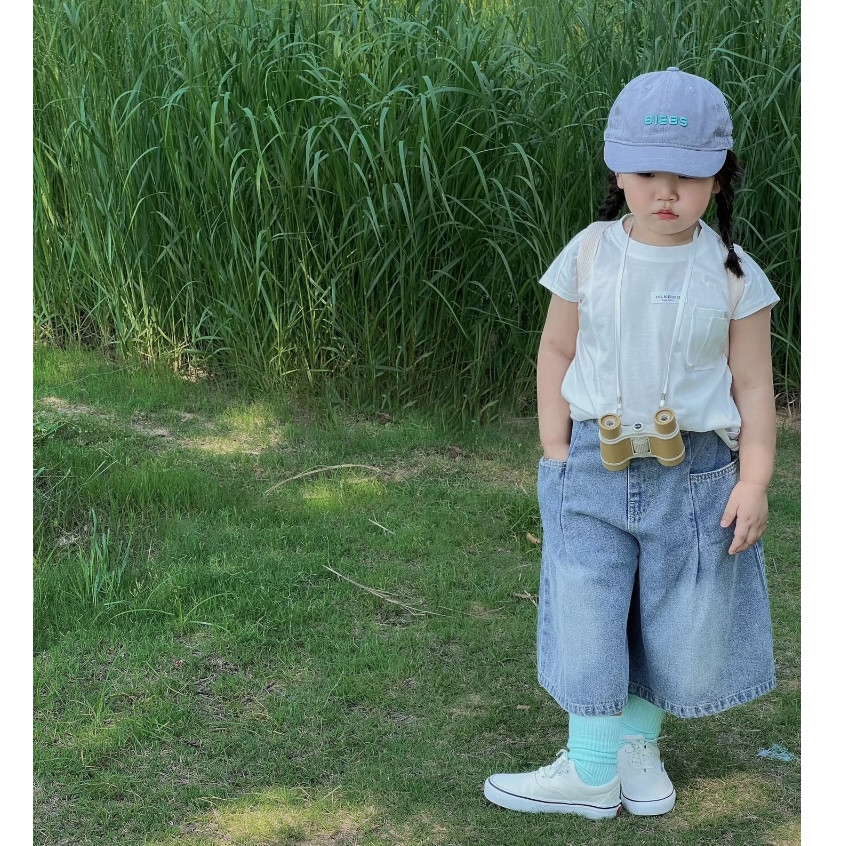 TARIMARSHOP Korean Style Setelan Anak Perempuan Atasan Putih Lengan Pendek+ Celana Jeans Panjang Baj
