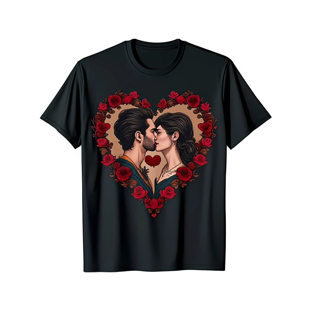 Kaos Pria Katun Hitam Bunga Mawar Merah Romantis Kaos Oblong Lengan Pendek Ukuran S 3XL