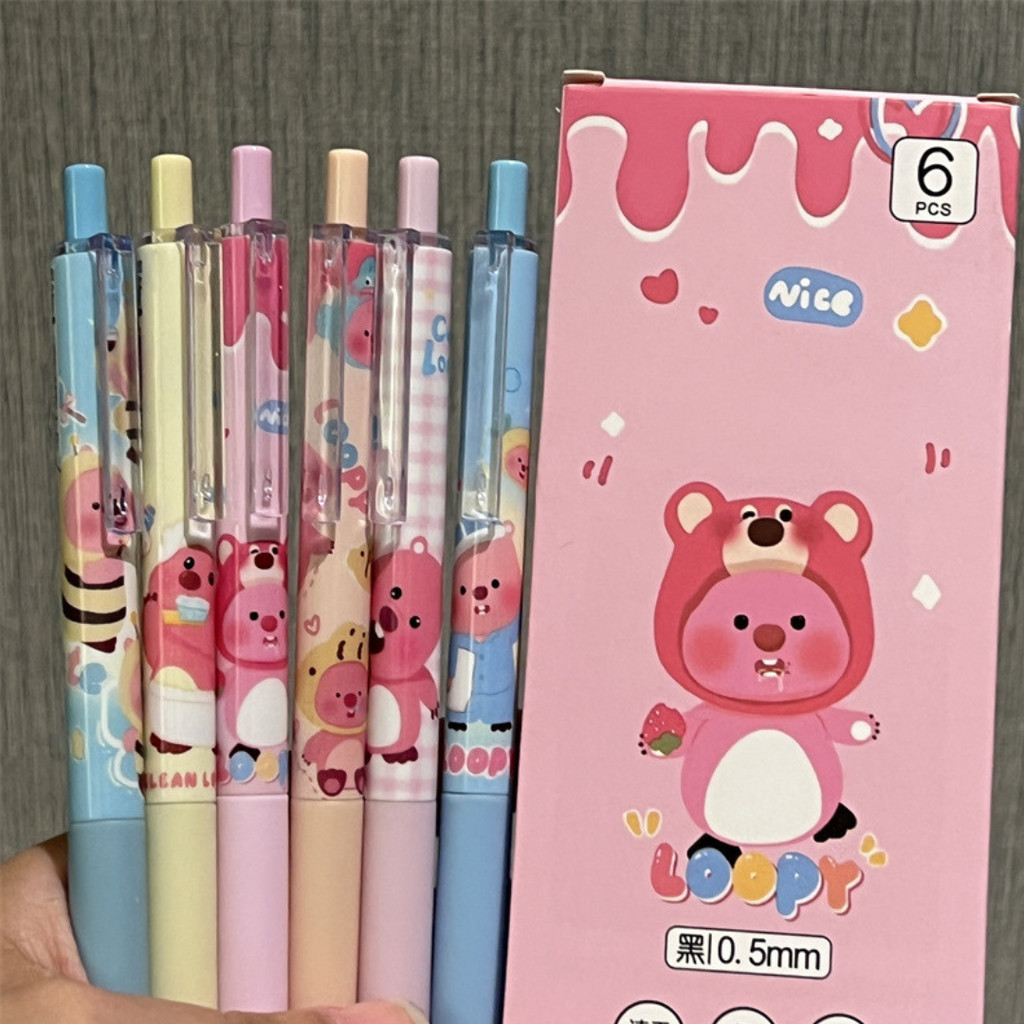 

6PCS Pulpen Gel Karakter Loppy / Press Pen Tinta Hitam / Bolpen Tinta Lucu / Alat Tulis Sekolah