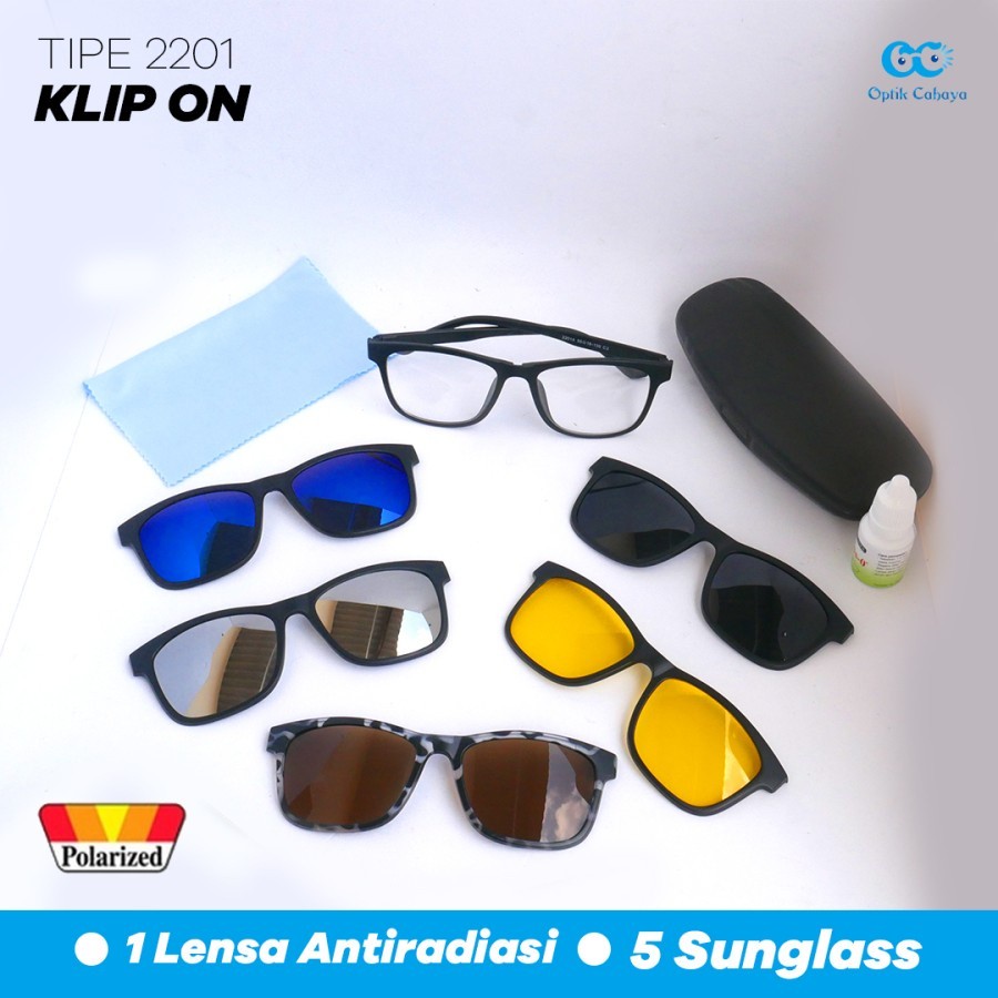 Kaca Mata Frame Kacamata Minus Anti Radiasi CLIP ON 5 Lensa Hitam Polaroid